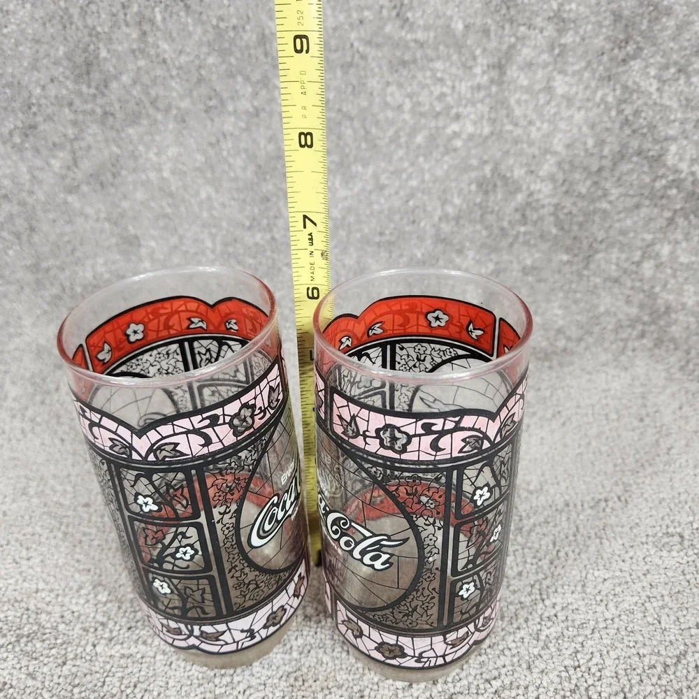 Coca-Cola Drinking Glasses Red Tiffany Stained Glass Style Vintage Set of 2 OS